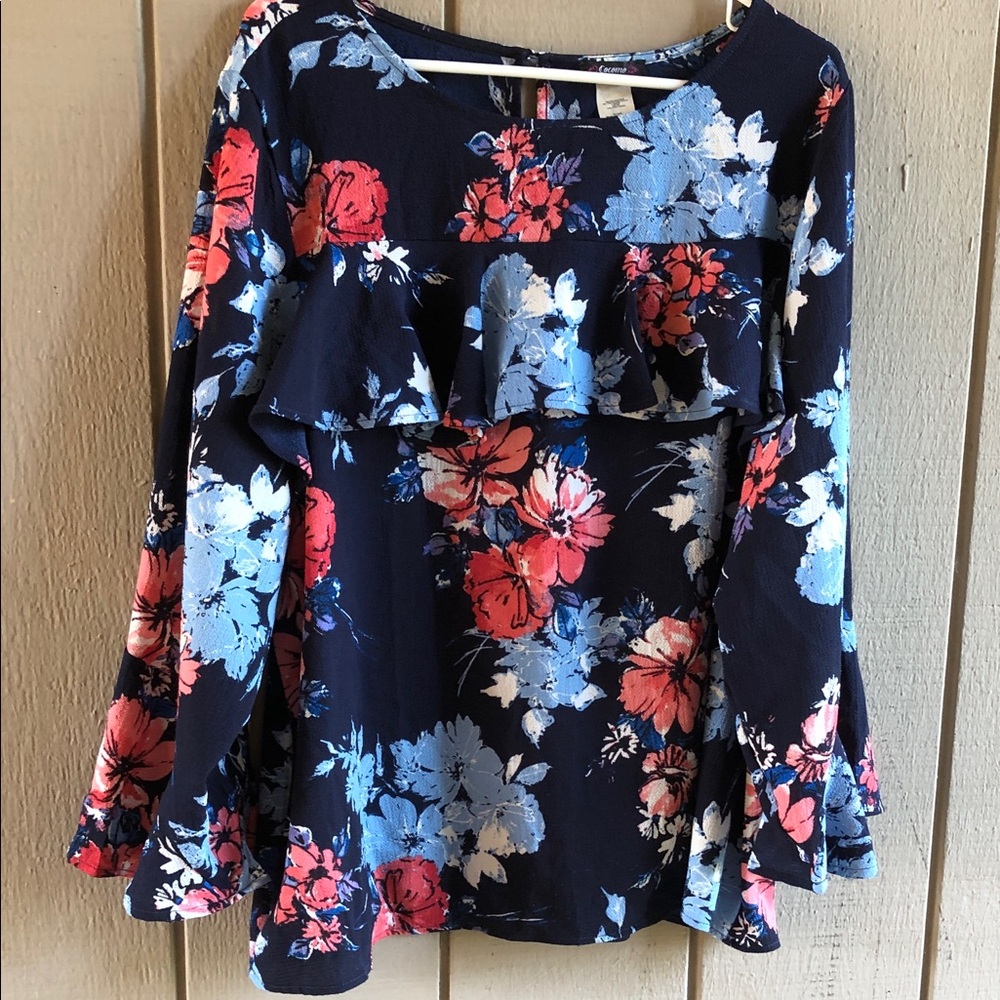 Cocomo Navy Floral Ruffle Long-Sleeve Blouse with Coral and Light Blue Flowers